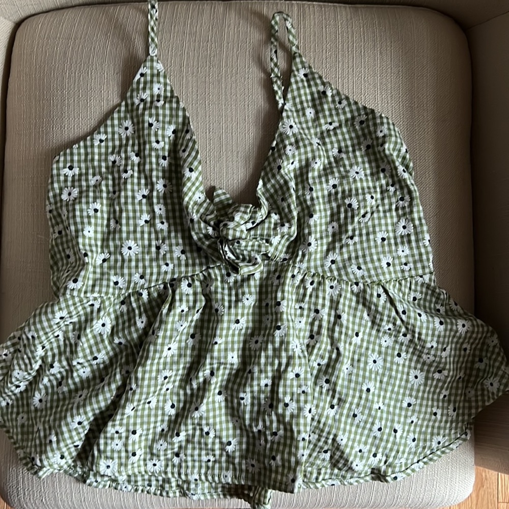 Cute Green Gingham Daisy Tie Up Floral Top MEDIUM